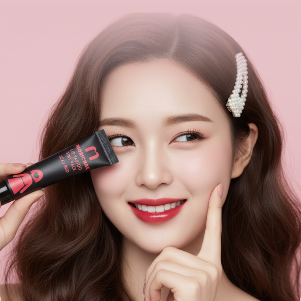 A female model holding the Morichae Lip Tattoo Tint Pack near her face, showcasing naturally vibrant, tinted lips with a glossy and healthy finish.