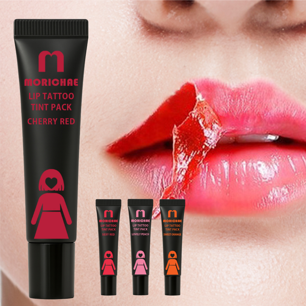 Close-up of the Morichae Lip Tattoo Tint Pack being peeled off, showing four lip tint shades — Cherry Red, Lovely Peach, Sexy Red, and Sweet Orange — with vivid and even color payoff.