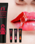 Close-up of the Morichae Lip Tattoo Tint Pack being peeled off, showing four lip tint shades — Cherry Red, Lovely Peach, Sexy Red, and Sweet Orange — with vivid and even color payoff.