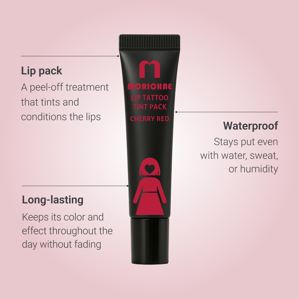 Morichae Lip Tattoo Tint Pack — a peel-off treatment that tints and conditions the lips. Waterproof, long-lasting, and smudge-free even with water, sweat, or humidity.