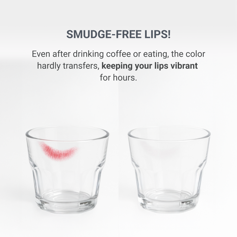 Smudge-free waterproof Morichae Lip Tattoo Tint Pack — comparison image showing no lipstick mark left on a glass after drinking coffee, demonstrating long-lasting color retention.