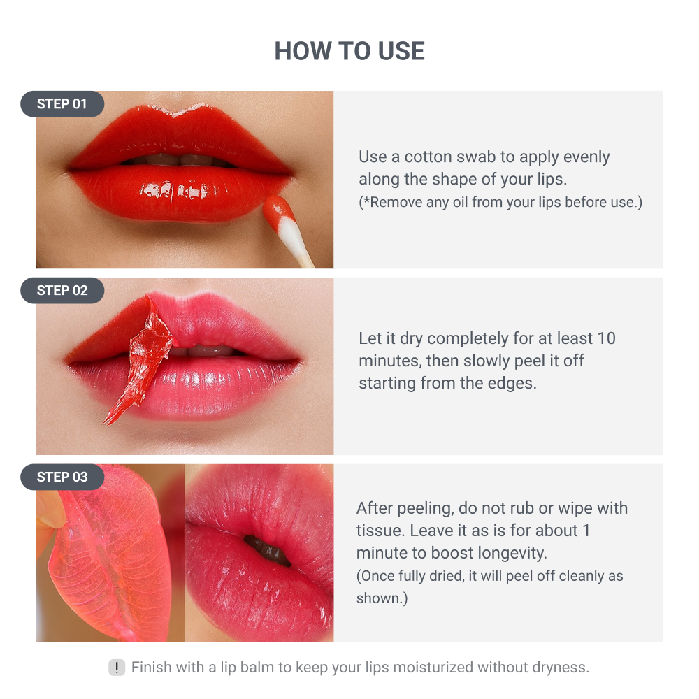 Step-by-step guide of how to use Morichae Lip Tattoo Tint Pack — apply with a cotton swab, dry for 10 minutes, peel off gently, and finish with lip balm for lasting color.