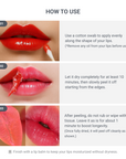 Step-by-step guide of how to use Morichae Lip Tattoo Tint Pack — apply with a cotton swab, dry for 10 minutes, peel off gently, and finish with lip balm for lasting color.