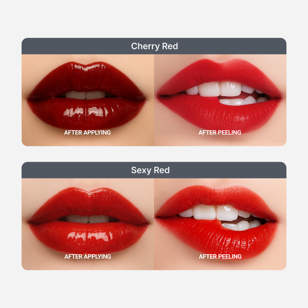 Before and after applying Morichae Lip Tattoo Tint Pack in Cherry Red and Sexy Red — showing vibrant, even color after peeling.