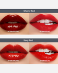 Before and after applying Morichae Lip Tattoo Tint Pack in Cherry Red and Sexy Red — showing vibrant, even color after peeling.