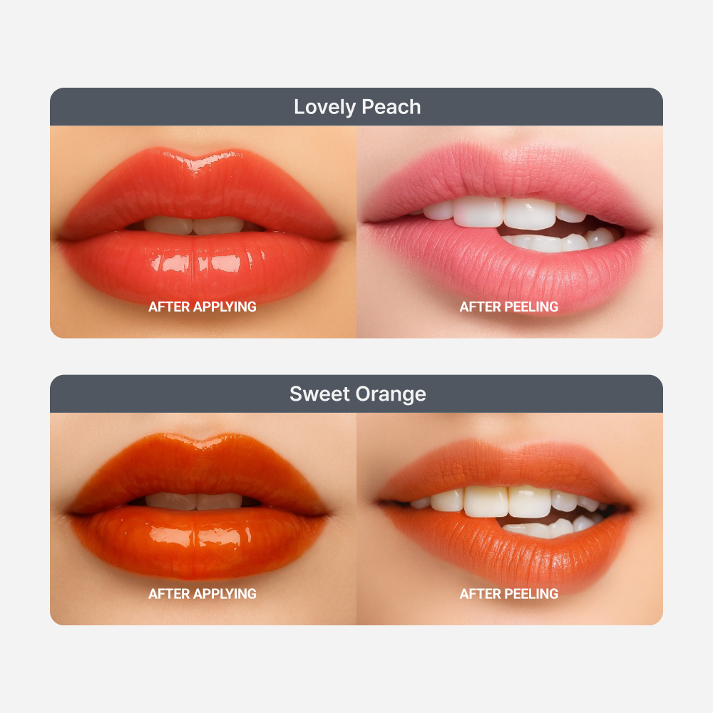 Before and after applying Morichae Lip Tattoo Tint Pack in Lovely Peach and Sweet Orange — highlighting soft, natural tint results with long-lasting staying power.